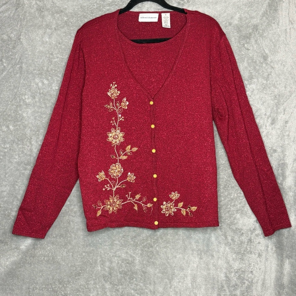 Alfred Dunner XL‎ Shirt Top Burgundy Red Floral Long Sleeve Scoop Neck Glitter